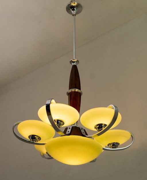 Art Deco Italian Chrome and "Incamiciato" Glass Chandelier, 1930s