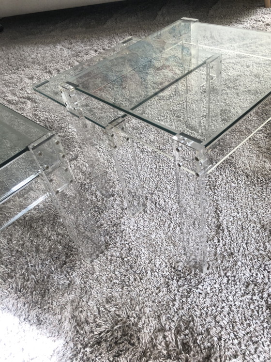 Image 1 of 2x 2 Vintage Eclectisch Plexiglas/glazen bijzettafels