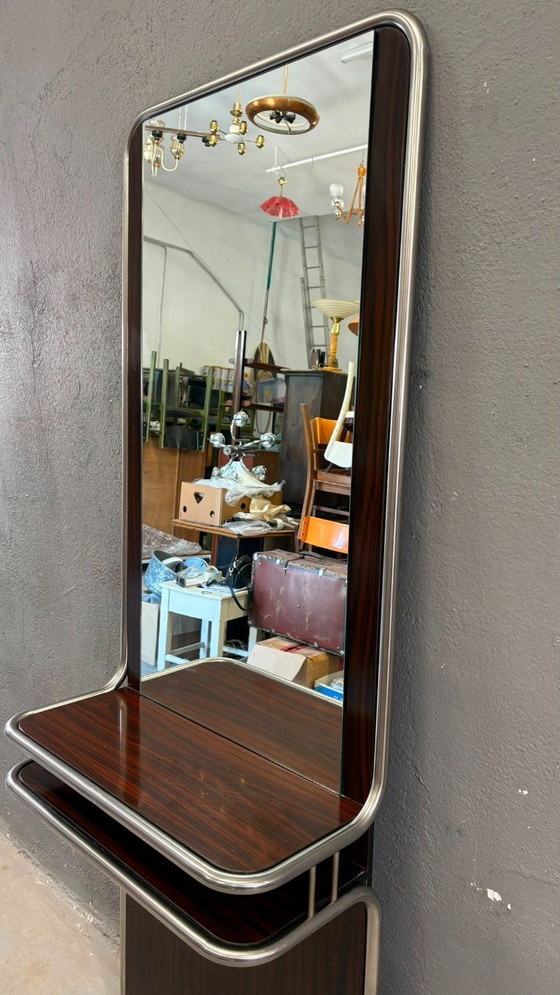 Image 1 of Mid-Century Modern Chrome & Rosewood Wall Console with Mirror, 1970s, Italian