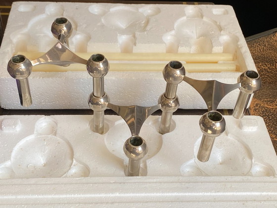 Set di 3 candelieri S22 e 9 candele modulari, NAGEL Vintage 1970, con scatola originale. – Portacandele (photo 3 of 17)