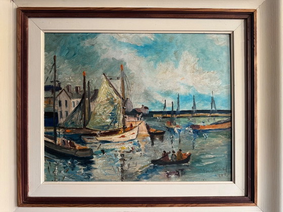 Image 1 of Impressionistische Hafenansicht, 1949, Öl auf Holz.