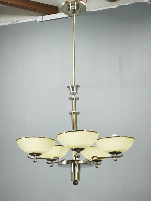 Lustre Art Déco tchèque des années 1930 en nickel avec abat-jour en verre champagne