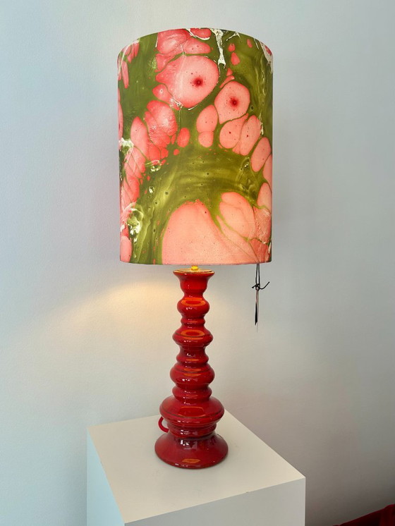 Image 1 of Vintage lampvoet in pagodestijl, ontwerp uit het midden van de 20e eeuw. Glazuurkleur: felrood.