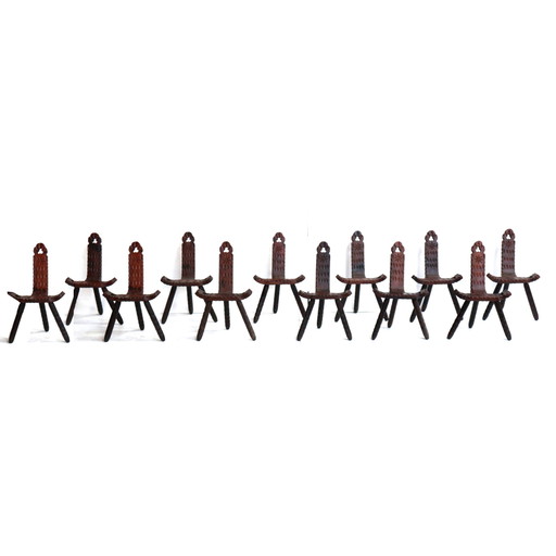 Chaises/tabourets en bois brutalistes espagnols des années 1960 (12x)