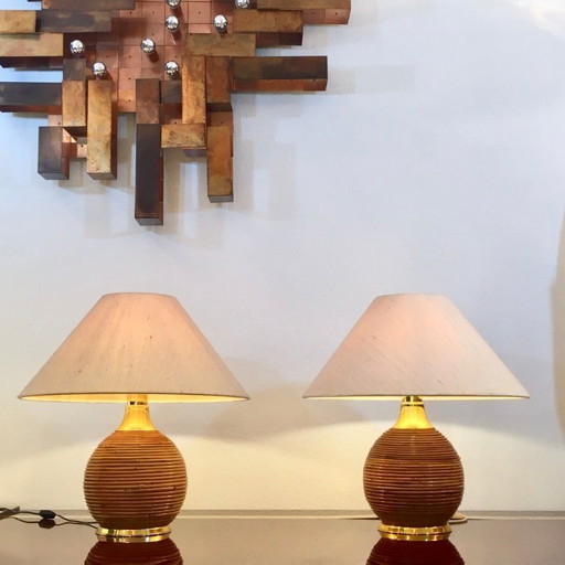 2x Brass & Rattan Table Lamps in the manner of Vivai del sud 1970s