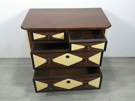 Image 1 of Antique chest of drawers with 4 drawers, Wilhelminian style dark walnut with shabby yellow, around 1890