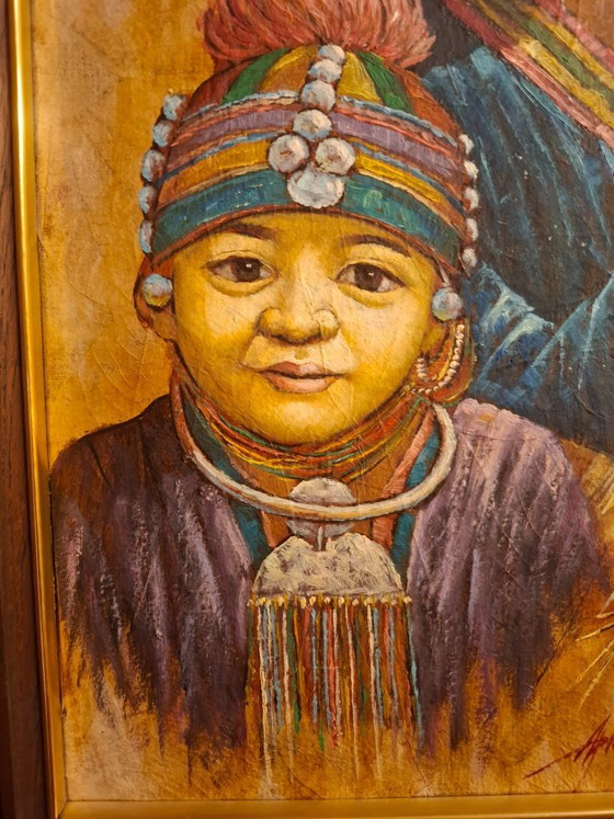 Image 1 of Vintage Thai signed Apirak Achawapichettum Elder & Child Portrait