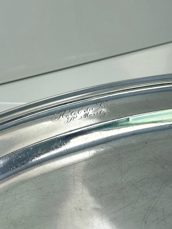 Image 1 of 1930 Christofle verzilverd dienblad Grand Hotel du Lac St. Moritz vintage metalen art deco schaal bord serveren schotel