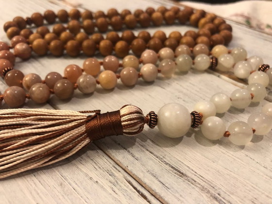 Image 1 of Divine Sandalwood Moonstone Mala, 108 Mala Beads, Buddhist Prayer, Meditation, Femine Energy, Goddess, Awareness Tranquility Div