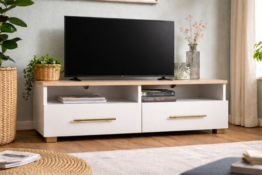 Stilvolles TV-Möbel | Weiß & Eichenoptik | 114 cm