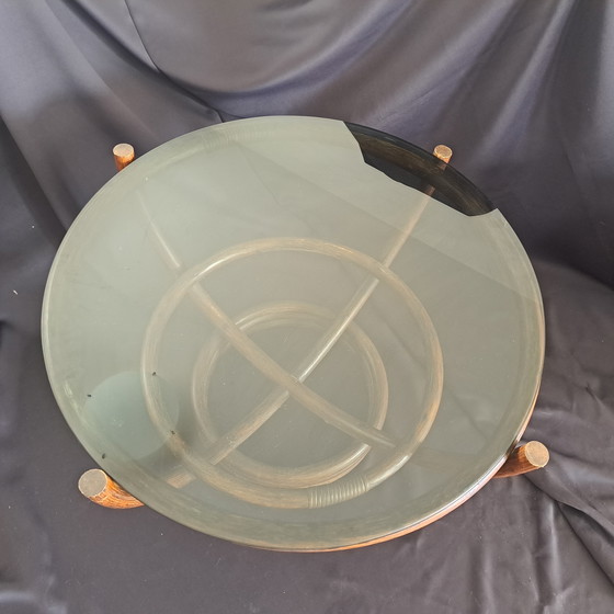 Image 1 of Vintage rattan coffee table with smoked glass top - Hollywood Regency style