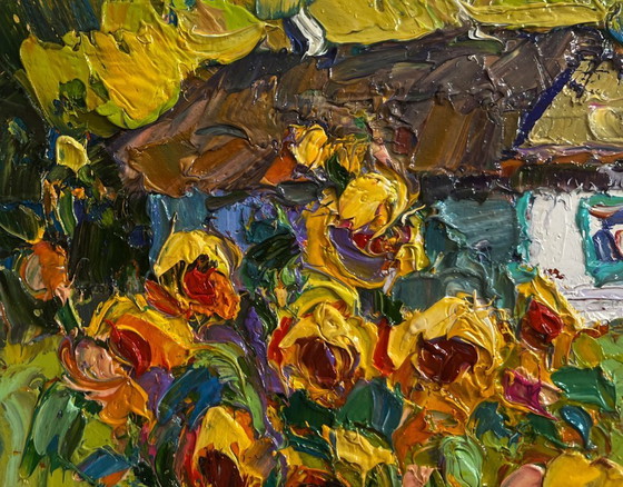 Image 1 of Original Oil Painting Country Flowers Landscape There are sunflowers in the yard