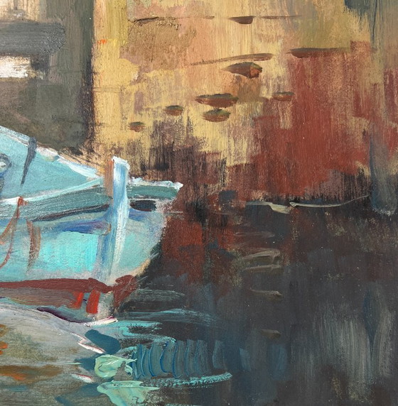 Image 1 of Peinture à l'huile originale représentant des maisons d'été, un paysage et un bateau au milieu des rues de la ville