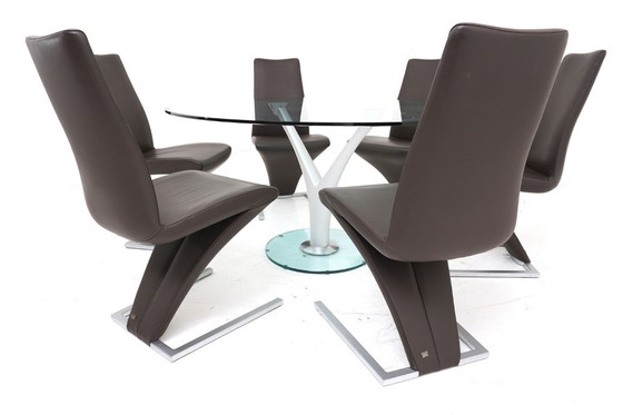 Image 1 of Tavolo da pranzo Rolf Benz 7800, 1210 sedie in pelle marrone, 6 pezzi