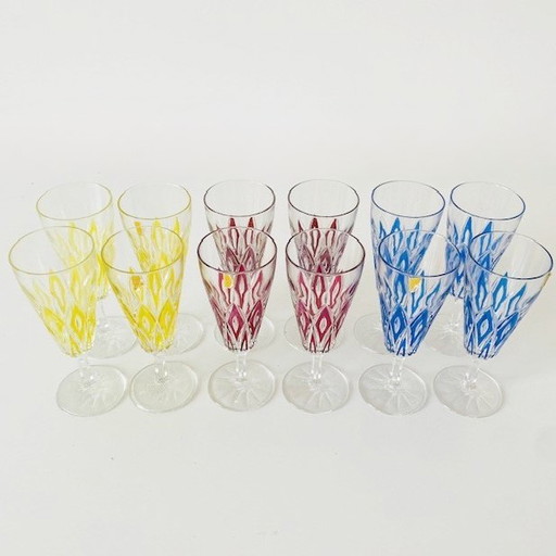 Set of vintage VMC France Reims champagne glasses Harlequin 1960's