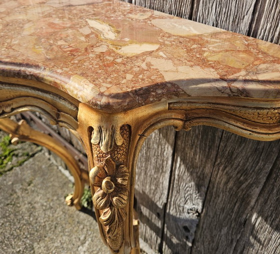 Image 1 of Set di consolle vintage in marmo dorato francese e specchio barocco - stile Luigi XV