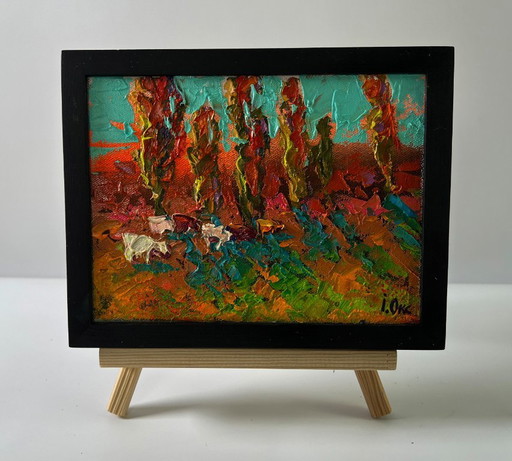 Original Oil Painting Fall Nature Landscape Autumn Evening In The Field – schilderijen tekeningen, Canvas