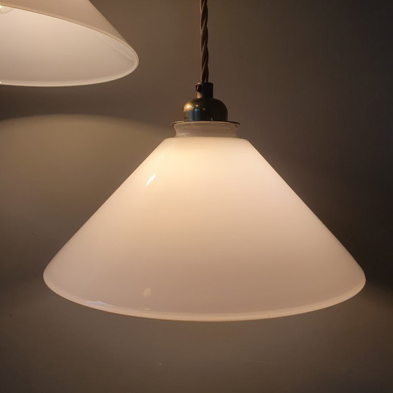 Set Vintage Pendant lamps - Milk glass, banker's lamps. – Metal (photo 15 of 21)