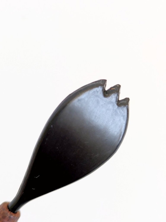 Image 1 of Danish Teak Serving Set, 3 Smoked Glass Bowls Original Spoon and Fork, Midcentury Kabaret Tray