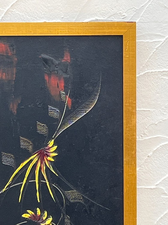 Image 1 of Vintage painting by S. Dewael, 1974, floral composition on a black background