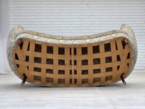 Image 1 of Anni '70, divano danese a 3 posti curvo, tessuto originale multicolore, legno di faggio.