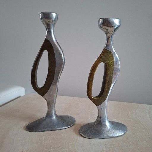 2 bougeoirs bronze et aluminium par Leopold, Espagne 1970