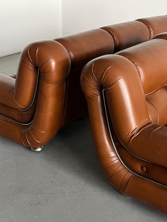 Image 1 of Ensemble de salon italien Space Age dans le style de Mimo Padova, cuir cognac et chrome, Italie des années 1970