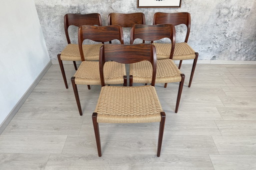 Juego de 6 sillas de palisandro, modelo Møller 71, mimbre, nuevas, década de 1960. – Niels Otto Møller, eetkamerstoelen, Wood
