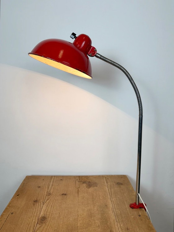 Large Red Industrial German Workshop Table Lamp From Helo Leuchten, 1950s – Chrome, Iron (photo 24 of 25)