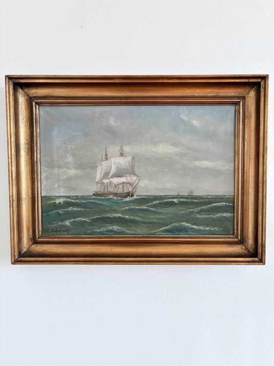 Image 1 of Peinture à l'huile originale vintage représentant une marine, signée, paysage côtier