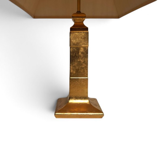 Lampada da tavolo De Knudt con base in ceramica dorata e paralume in lino, 1970, DeKnudt, Lampade da tavolo (foto 10 di 13)