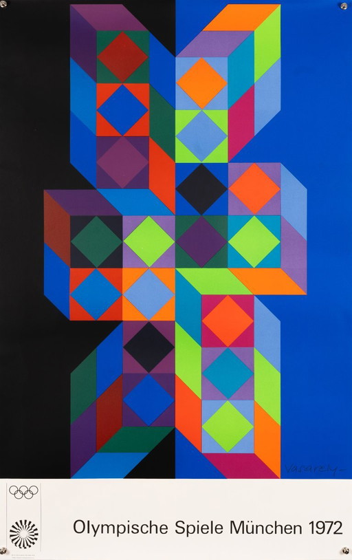 Juegos Olímpicos de Múnich – 1970 – Póster Serigráfico Vintage Original de Victor Vasarely – Op Art Mid-Century Modern – 102x64