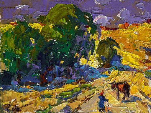 Origineel olieverfschilderij: Zomerlandschap, een koe die in een veld loopt.