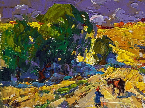 Image 1 of Original Oil Painting Summer Field Landscape Walking a cow in a field