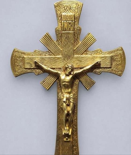 Bellissimo Crocifisso Art Déco Francese Antico - Ottone / Bronzo, Oggetti decorativi, Dorato (foto 4 di 6)