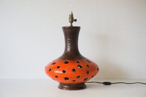 Vintage Mid-Century French Orange Glazed Perforated Ceramic Lamp — Possible Vallauris, Rewired, Bayonet Fitting