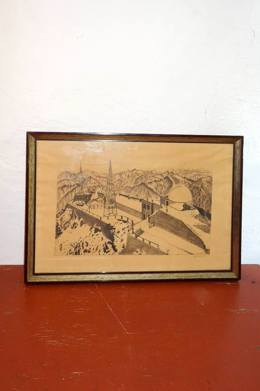 large 1943 signed drawing of pyrenees observatory * framed architectural mountain art * vintage wall decor