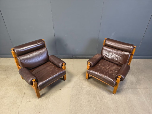 Poltrone vintage rustiche in pelle marrone e rovere, anni '60 - set di 2