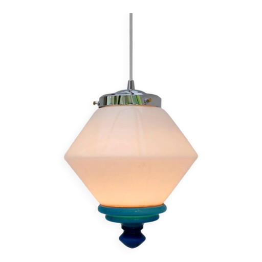 Suspension Art déco scandinave en verre opalin avec détails bleu azur, années 1930