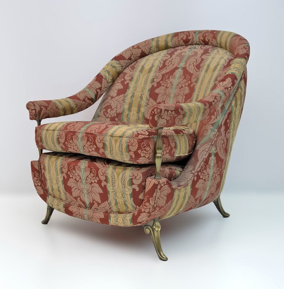 Image 1 of Paire de fauteuils français de style Art déco en laiton et tissu, années 1950