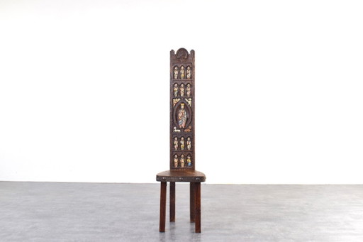 Sillón español de respaldo alto de Ormecasa con la imagen de Jesús y los apóstoles, década de 1970. – eetkamerstoelen, Wood