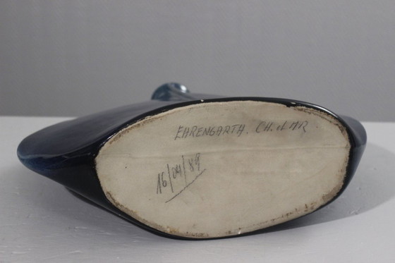 Image 1 of Impressive vintage stoneware lentil vase, modernist design, cobalt blue glaze, 1980s