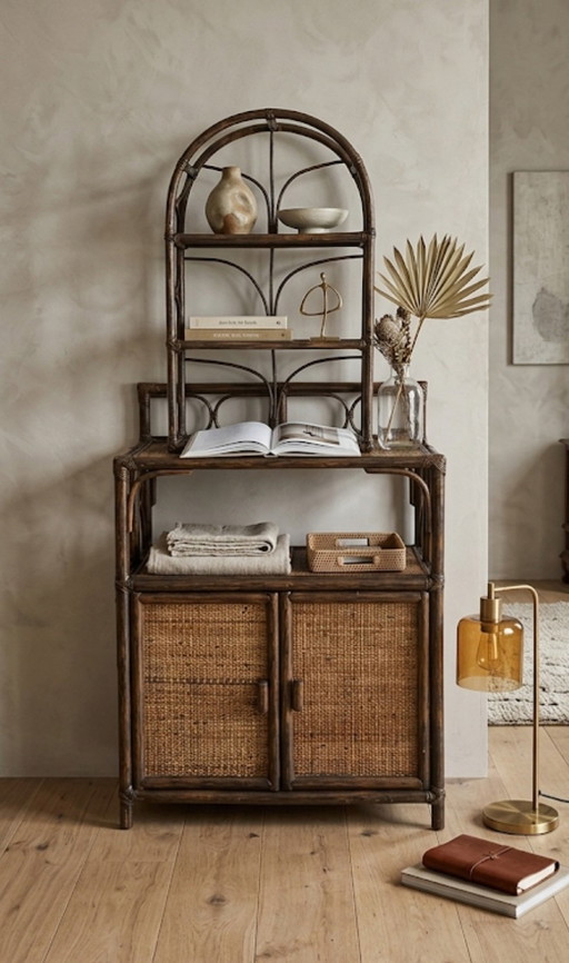 Conjunto de aparador bajo y estantes vintage de los años 70-80. – ladekasten, Rattan