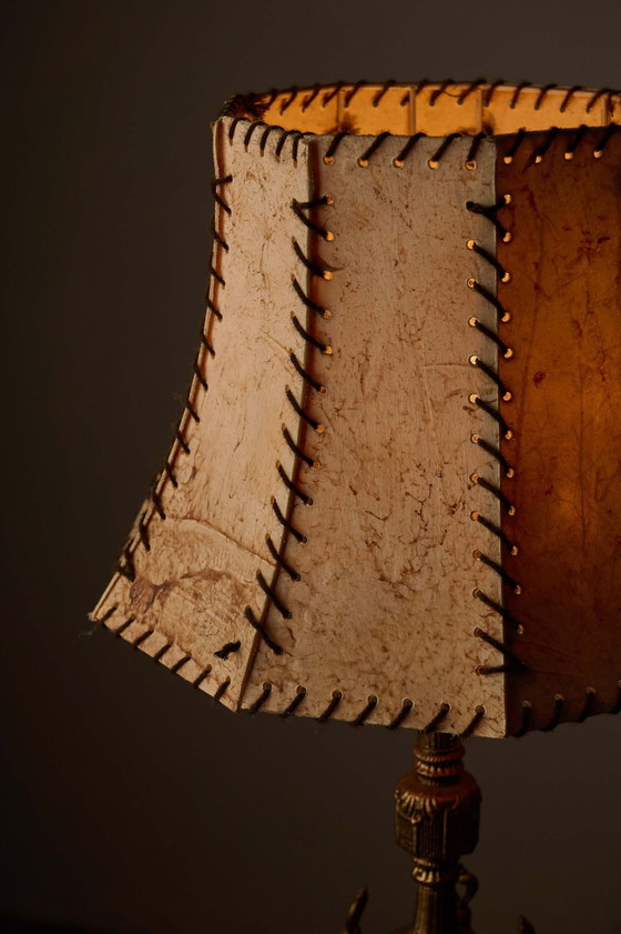 Cast Brass Table Lamp with Stitched Parchment Shade, Leather, Rustic (photo 5 of 5)