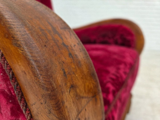 Image 1 of Anni '50, poltrona relax danese, velluto rosso per mobili, legno di quercia.