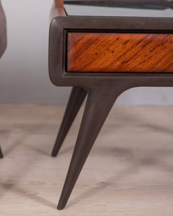 Image 1 of COPPIA DI COMODINI VINTAGE ANNI 50 IN LEGNO E VETRO DESIGN ITALIANO