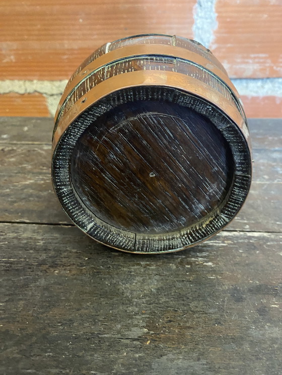Image 1 of Pichet Ancien Tonneau Bois + Cerclage Cuivre Vintage #D379