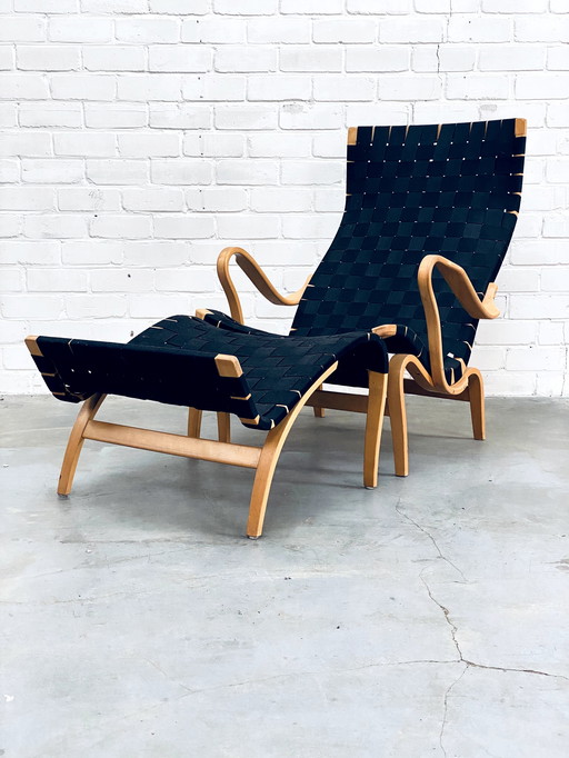 Bruno Mathsson | Set Of Vintage Lounge Chair With Ottoman | Pernilla Series | Black Canvas