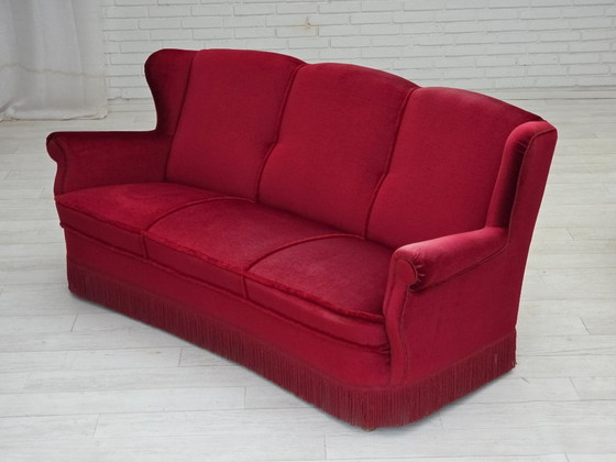 Image 1 of 1960s, Danish 3-seater curved sofa, red furniture velour.