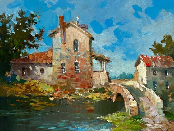 Image 1 of Original Oil Painting Village Bridge Landscape: The Bridge Leading to the City